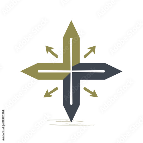 Abstract Cross with Arrow Points in Olive and Navy Symbolizing Direction Growth
