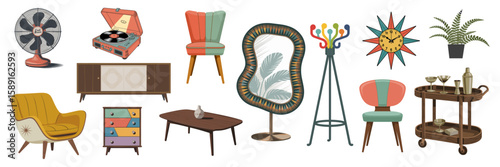Collection of colorful mid-century modern retro furniture and vintage home accessories, fan, clock, plant, drawers, chairs, record player, mirror, lamp. Isolated on transparent background