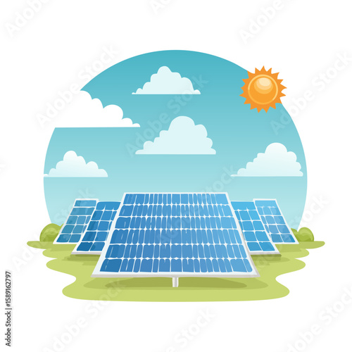 Illustrative SVG of Solar Panels Under a Sunny Sky | Eco-Friendly Energy