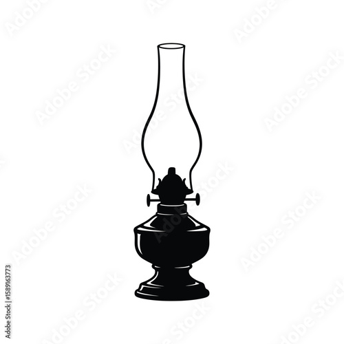 Vintage Oil Lamp Silhouette Antique Kerosene Lamp Classic Lighting Illustration Black and White Vector Graphic