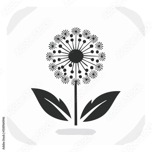 Minimalist Dandelion Silhouette Illustration with Seed Head and Leaves on White