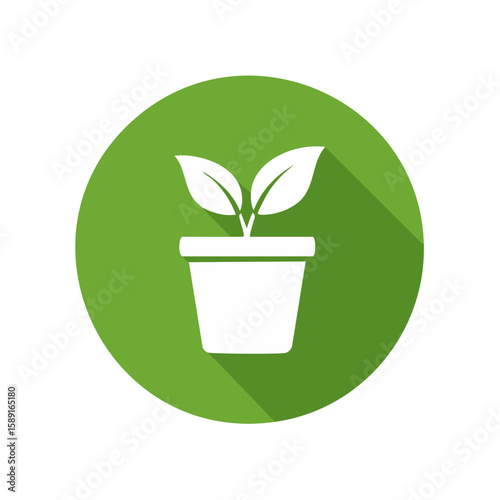 Potted Plant Icon on Green Circle. Growing Seedling in White Flowerpot with Leaves. Flat Vector Graphic.