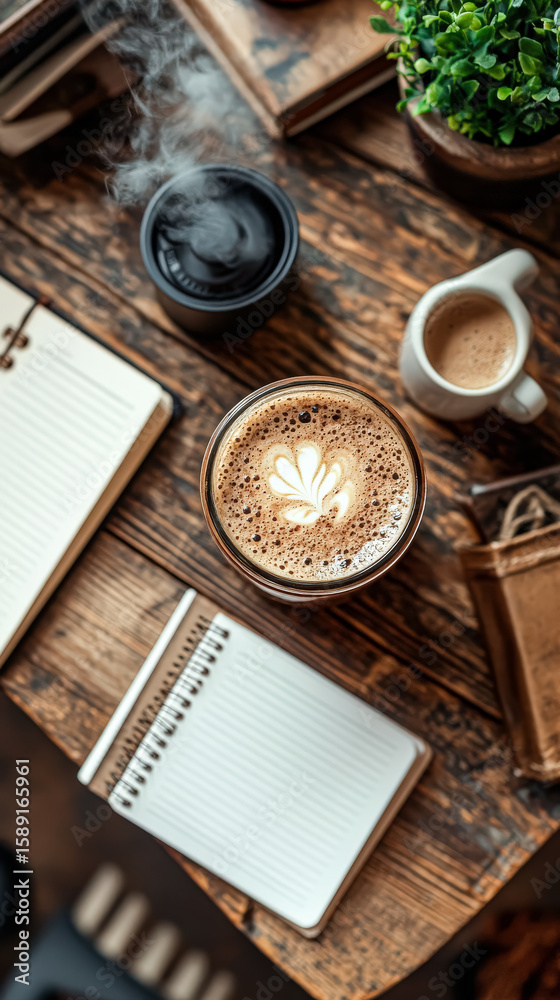 Mug of coffee with a flower design on it sits on a table next to a notebook Mug of coffee with a flower design on it sits on a table next to a notebook