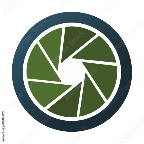 Camera Shutter Illustration with Green Diaphragm and Blue Outer Ring on Black Backdrop