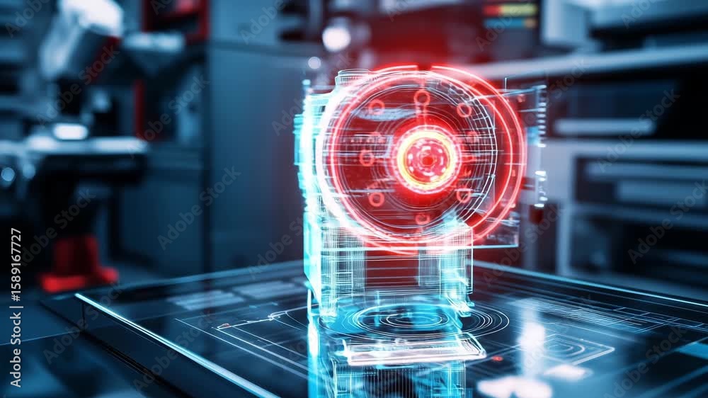 Holographic engine model is surrounded by advanced technology in a modern workshop