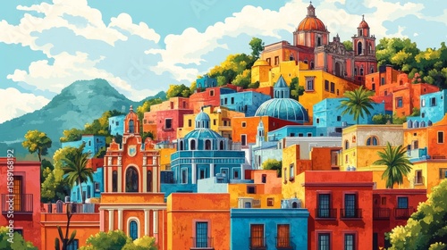 Guanajuato Mexico Poster Illustration Travel Print Decor Gift Paper Canvas Wall Retro Art