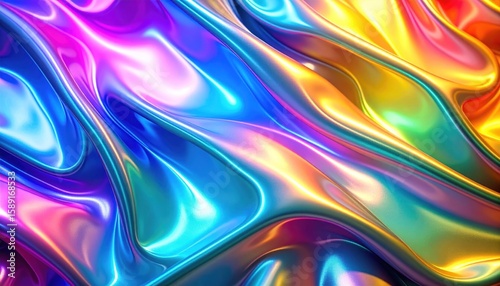 Abstract Gloss Texture in Bright Gradient Rainbow Tones with Shiny Iridescent Surface and Dynamic Wavy Design