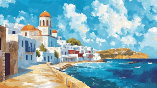 Mykonos Greece Poster Illustration Travel Print Decor Gift Paper Canvas Wall Retro Art
