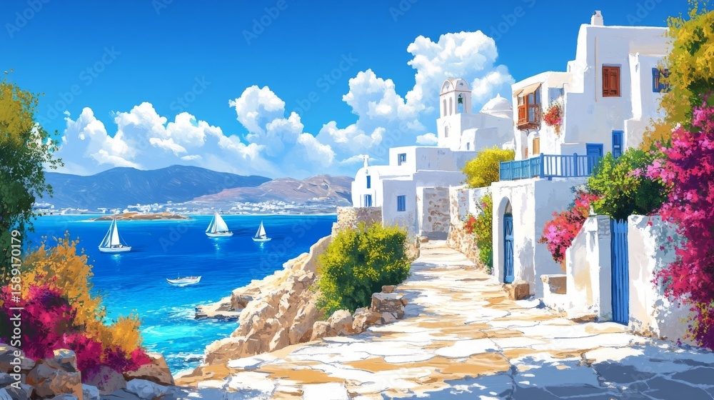 Fototapeta premium Mykonos Greece Poster Illustration Travel Print Decor Gift Paper Canvas Wall Retro Art