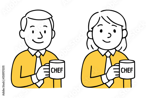 Business Man And Business Woman with Coffee Mug Labeled “Chef”. Smiling Human in Yellow Shirt and Tie, Friendly Expression, Office Worker. Hand-Drawn Doodle Style Line Vector Illustration