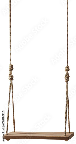 Wooden swing hanging from rope on transparent background  