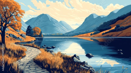 Lake District England Poster Illustration Travel Print Decor Gift Paper Canvas Wall Retro Art