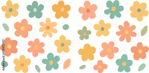 A collection of pastel-colored flower and leaf illustrations scattered on a white background.