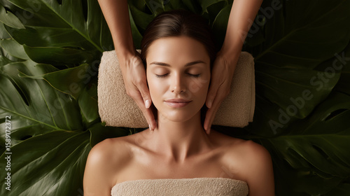 spa, woman has a relaxing massage, dark beige colours, big green leaves, relaxing atmosphere, massage photograph in the background