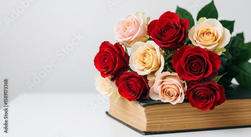 Prachtige rozenboeket rust zacht op oud boek zachte belichting. AI Generated