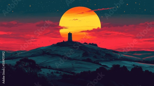 Glastonbury Tor Poster Illustration Travel Print Decor Gift Paper Canvas Wall Retro Art
