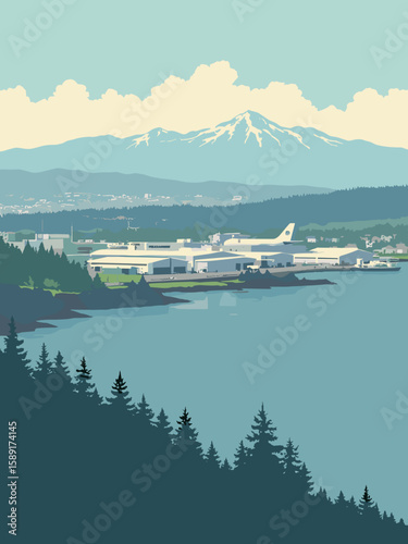 Everett, Washington – Boeing assembly plant and marina in steel gray, navy, pale blue, and forest green