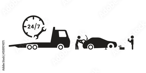 Tow truck and roadside assistance with 24-hour service icon. Tire change