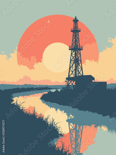 Beaumont, Texas – Spindletop oil derrick by Neches River in rust red, river blue, petrol gray, and sunrise gold