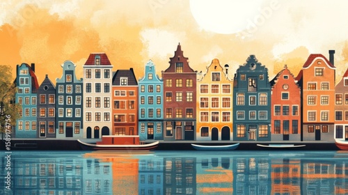 Amsterdam Netherlands Poster Illustration Travel Print Decor Gift Paper Canvas Wall Retro Art