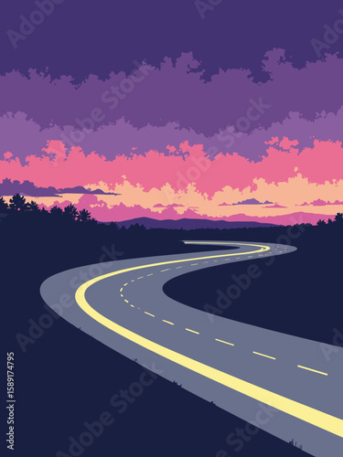 Concord, North Carolina – Charlotte Motor Speedway curves at dusk in asphalt gray, neon yellow, black, and purple sky