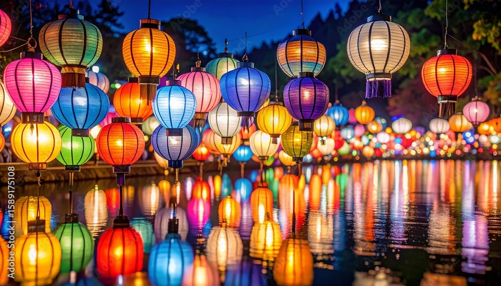 Naklejka premium たくさんのカラフルな提灯が灯る光景