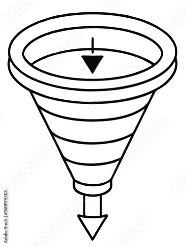 Conceptual funnel with an arrow pointing downwards representing a process or filtration in a simple outline silhouette style