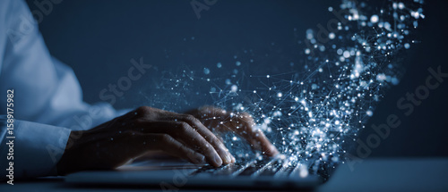 Person types on laptop creating network. Futuristic technology concept for web, marketing, design use.