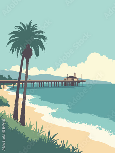 San Buenaventura (Ventura), California – Ventura Pier and Channel Islands in aqua, sand beige, palm green, and sky pastel