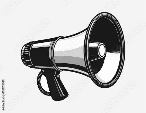 A polished black and white vector-style illustration of a glossy megaphone with a coiled microphone cord. The clean, bold design is ideal for modern print, signage, and activist campaign visuals.