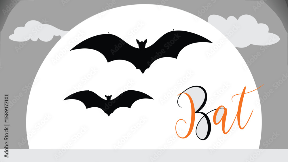 Naklejka premium Two black bats flying in front of a full moon with clouds and the word bat in orange and black script
