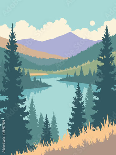 Centennial, Colorado – Cherry Creek State Park reservoir in cyan, pine green, earth tan, and sky lavender