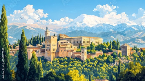 Granada Spain Poster Illustration Travel Print Decor Gift Paper Canvas Wall Retro Art