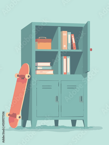Back to School - open locker with books, binders, and a skateboard leaning against it in soft teal and gray tones