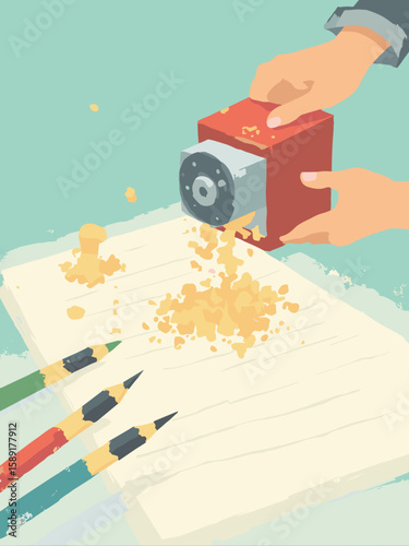 Back to School - pencil sharpener shaving wood curls onto lined paper with scattered pencils