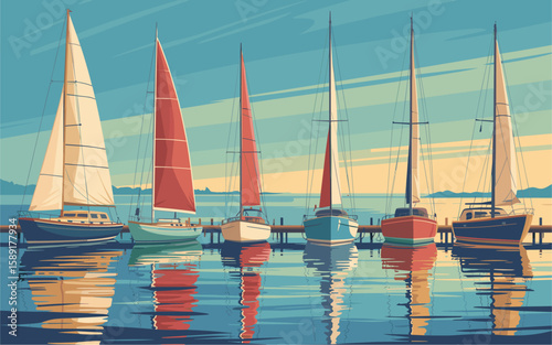 Retro travel poster style landscape vector illustration of colorful sailboats docked along a calm coastline at sunset. Peaceful nautical scene with reflections, warm light, and vintage charm. 
