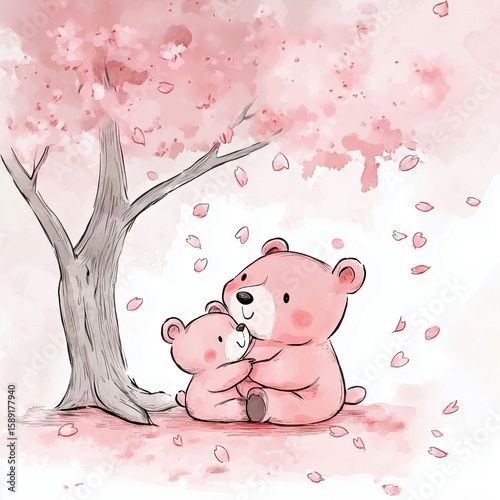 Cute bears illustration under a blooming cherry blossom tree, surrounded by pink petals, showcasing a tender moment of affection and warmth in a whimsical setting