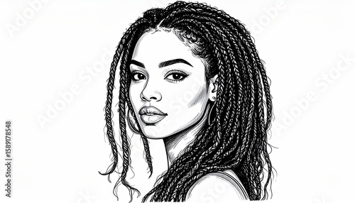 Black woman with intricate braids.  Portrait sketch