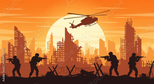 Burning Horizon: Vector Flat Silhouette of War-Torn Urban Landscape with Armed Soldiers, Crumbling City, Barbed Wire, and Helicopter Against Dramatic Orange Sunset