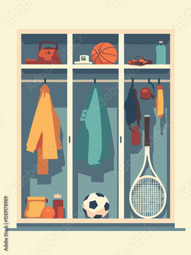 Back to School - sports equipment locker with basketball, soccer ball, and tennis racket silhouettes