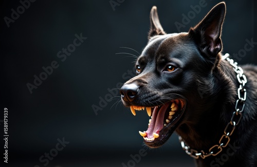 Aggressive black dog with bared teeth and a chain collar on a dark background