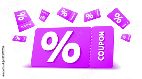 Purple coupons with percentage fly away on white background. Vector illustration