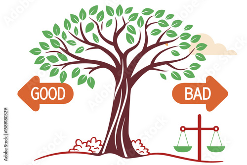 Illustration of a tree with good and bad arrows and a balance scale on a white background