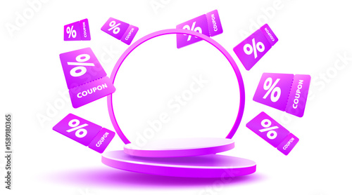 Purple coupons with percentage fly near podium. Vector illustration