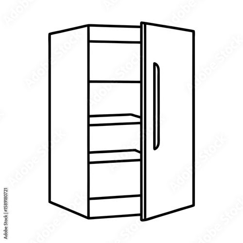 Open kitchen cabinet outline with shelves and door handle