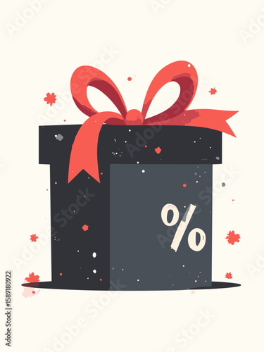 Black Friday - stylized gift box icon with ribbon and percentage symbol overlay in monochrome plus red