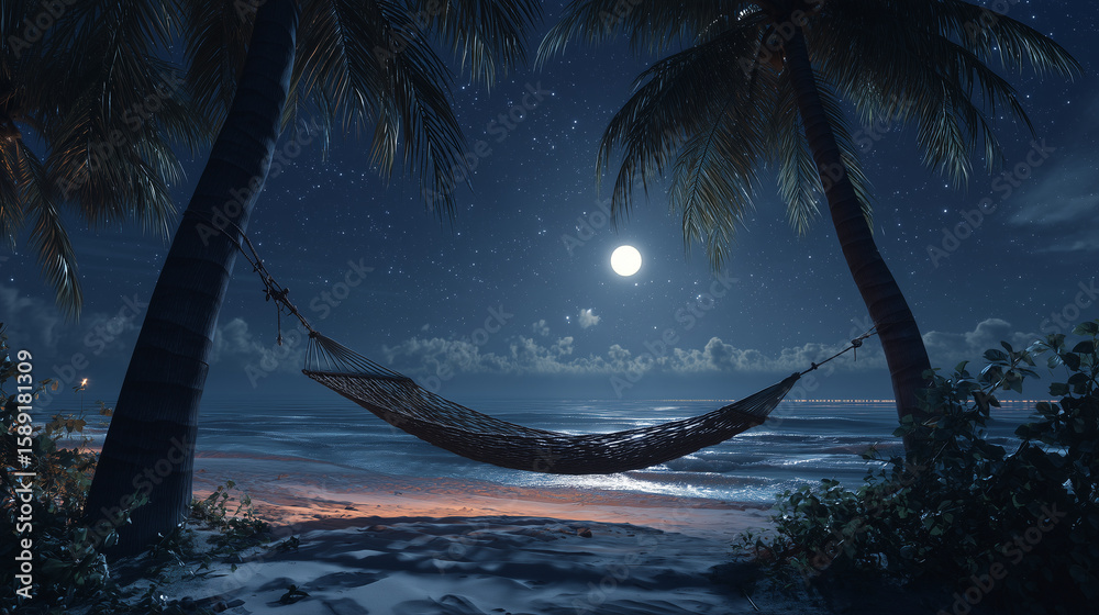Fototapeta premium Hammock Between Palm Trees on Tropical Beach at Night – Moonlit Sand, Calm Ocean Waves, and Starry Cinematic Atmosphere