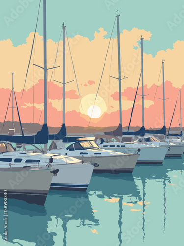 League City, Texas – Clear Lake marina at sunset with sailboat masts in coral, aqua, sand beige, and navy tones