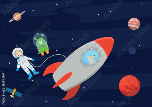 Space travel. Planets, alien and rocket. Space flat childish background. Vector cartoon illustration.