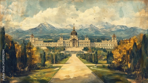 El Escorial Madrid Spain Poster Ilustration Travel Print Decor Gift Paper Canvas Wall Retro Art